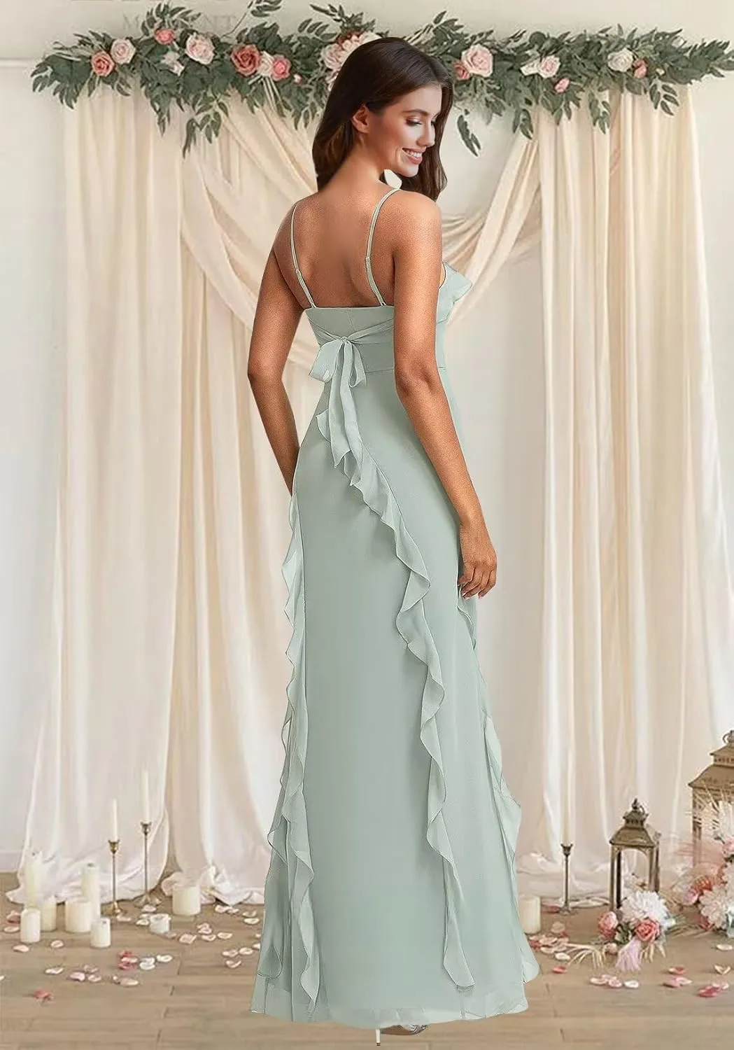Chiffon Bridesmaid Dresses 2025 Spaghetti Straps Ruffle Formal Dress Mermaid Evening Gowns with Slit