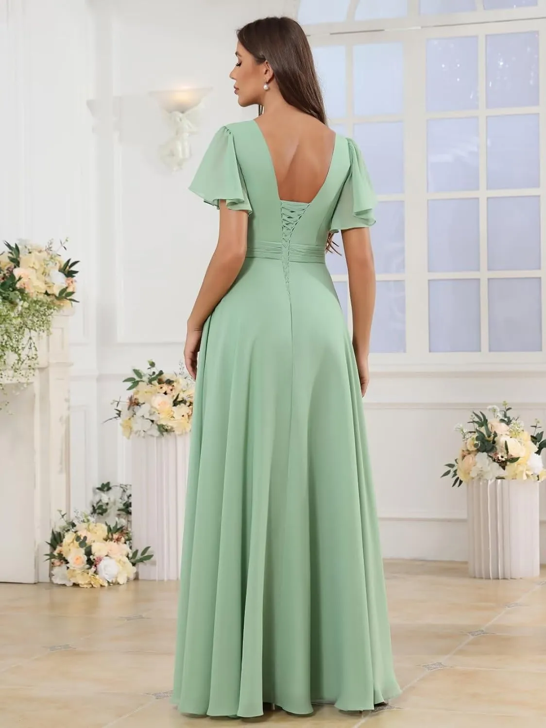 Chiffon Bridesmaid Dresses for Women Long Ruffle Sleeve A Line Ruched Evening Formal Dress with Slit