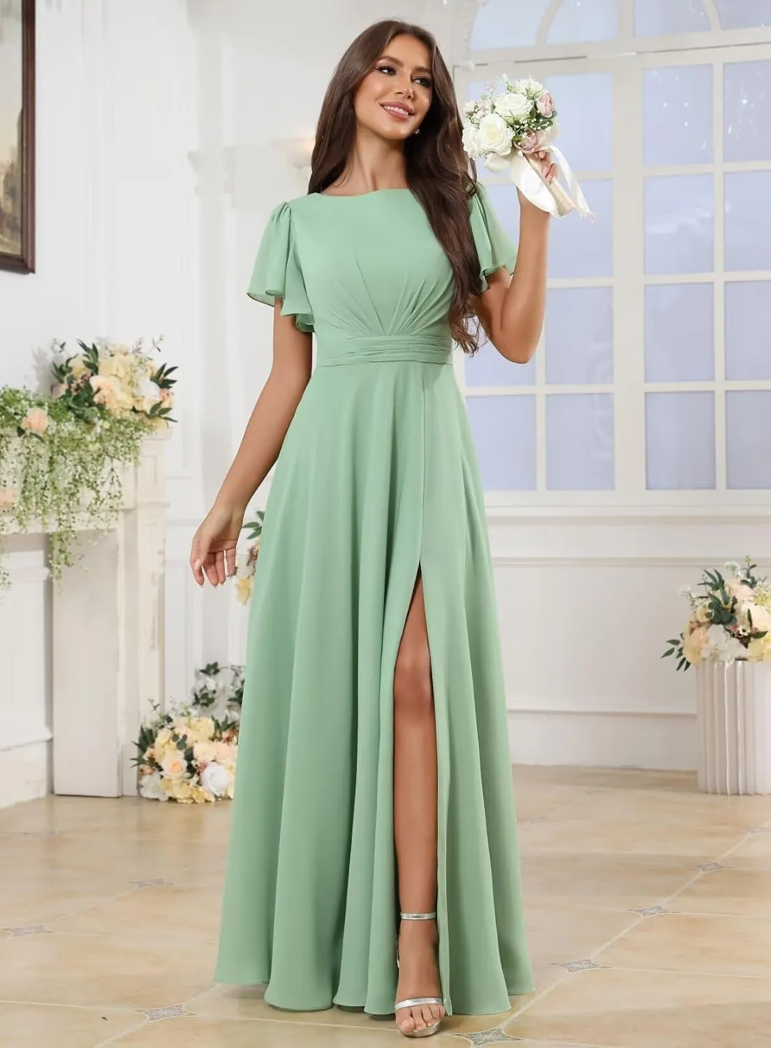 Chiffon Bridesmaid Dresses for Women Long Ruffle Sleeve A Line Ruched Evening Formal Dress with Slit