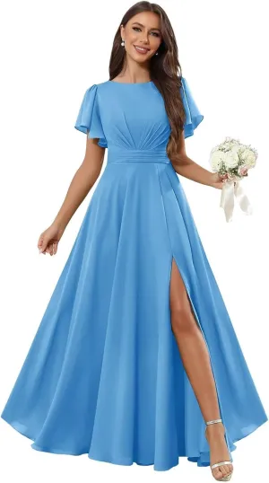 Chiffon Bridesmaid Dresses for Women Long Ruffle Sleeve A Line Ruched Evening Formal Dress with Slit