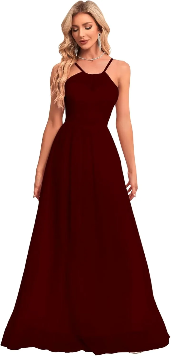 Chiffon Bridesmaid Dresses Long Crew Neck Prom Dresses A Line Formal Party Gowns with Pockets UU35