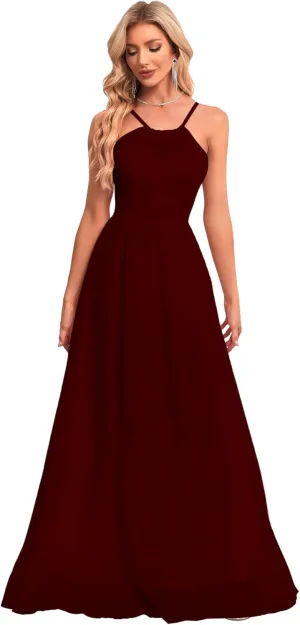 Chiffon Bridesmaid Dresses Long Crew Neck Prom Dresses A Line Formal Party Gowns with Pockets UU35
