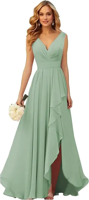 Chiffon Bridesmaid Dresses Sage Green Formal Dress with Slit V-Neck Ruffle Long Evening Gown for Women Size 16