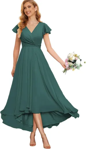 Chiffon Mother of The Bride Dresses for Wedding High Low Bridesmaid Dress with Sleeves V Neck Formal Gown