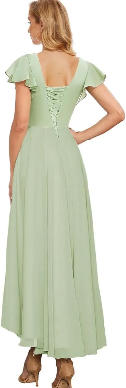 Chiffon Mother of The Bride Dresses for Wedding High Low Bridesmaid Dress with Sleeves V Neck Formal Gown