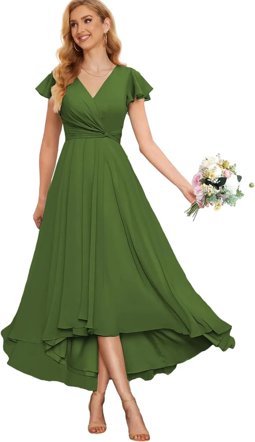 Chiffon Mother of The Bride Dresses for Wedding High Low Bridesmaid Dress with Sleeves V Neck Formal Gown