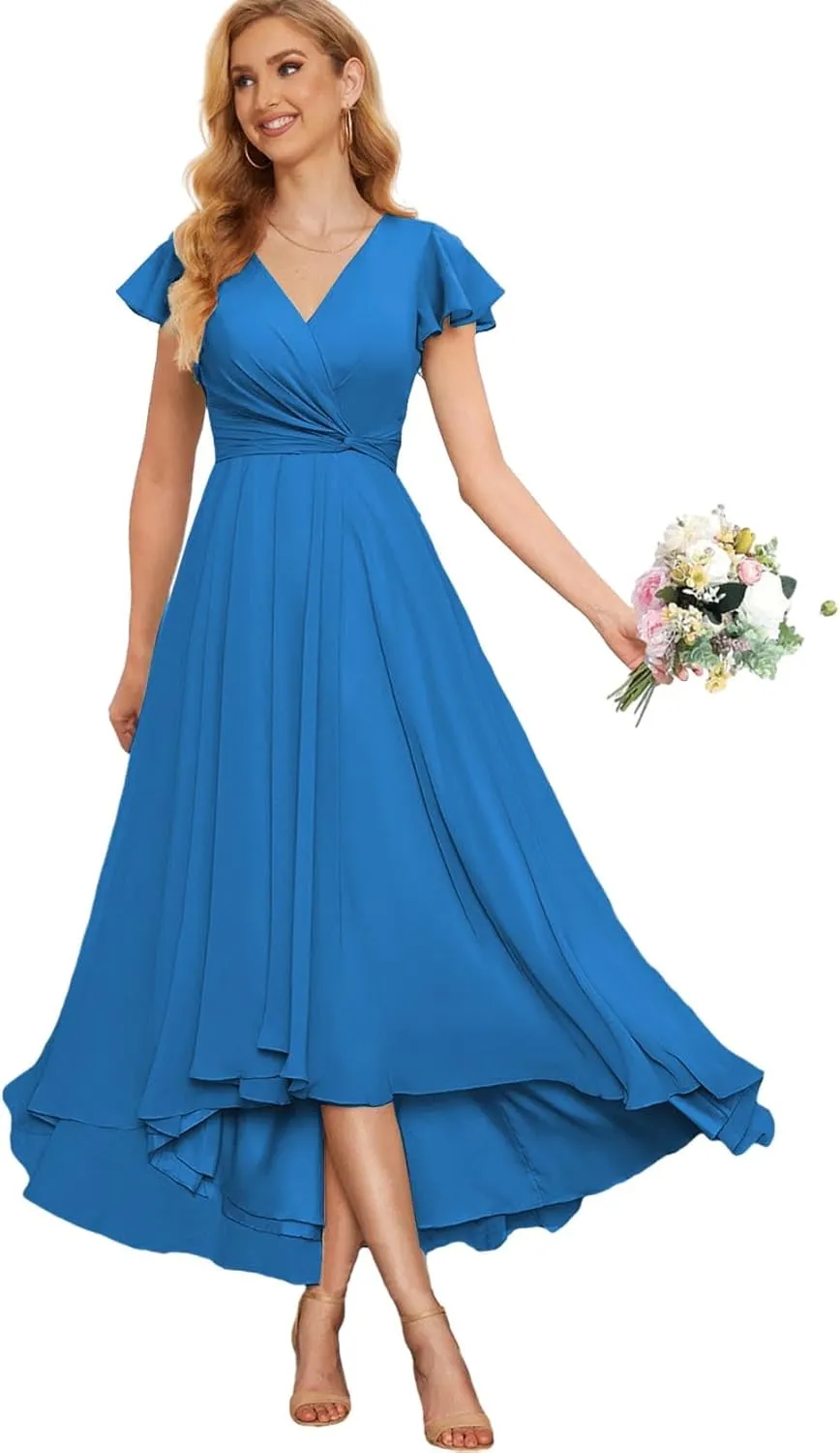 Chiffon Mother of The Bride Dresses for Wedding High Low Bridesmaid Dress with Sleeves V Neck Formal Gown