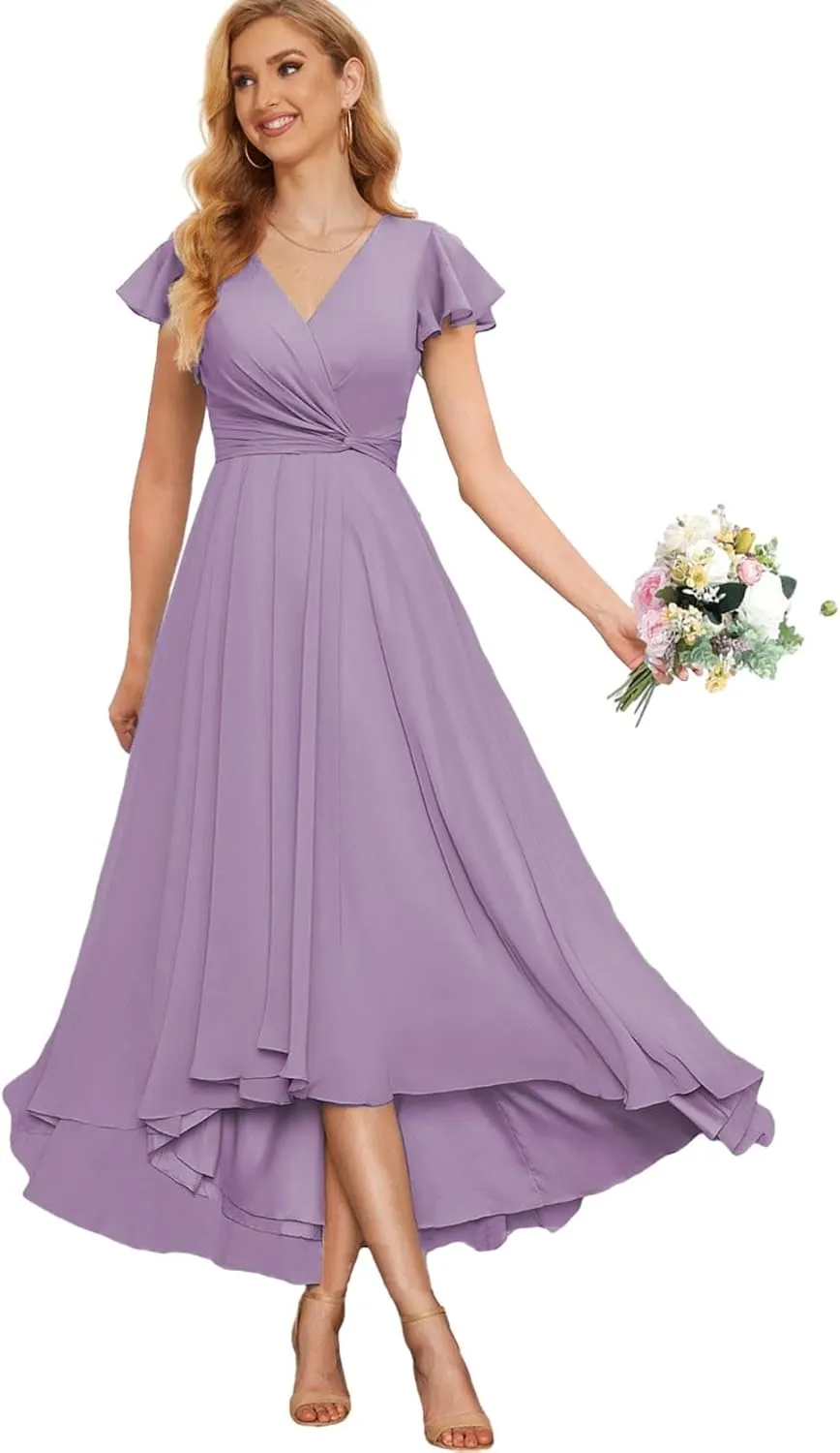 Chiffon Mother of The Bride Dresses for Wedding High Low Bridesmaid Dress with Sleeves V Neck Formal Gown