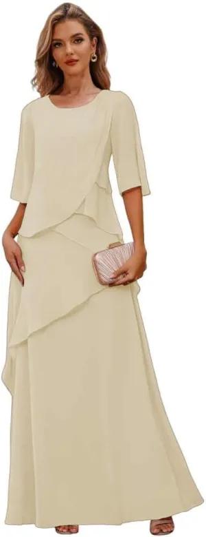 Chiffon Mother of The Bride Dresses with Sleeves Tiered Wedding Guest Formal Dress for Women