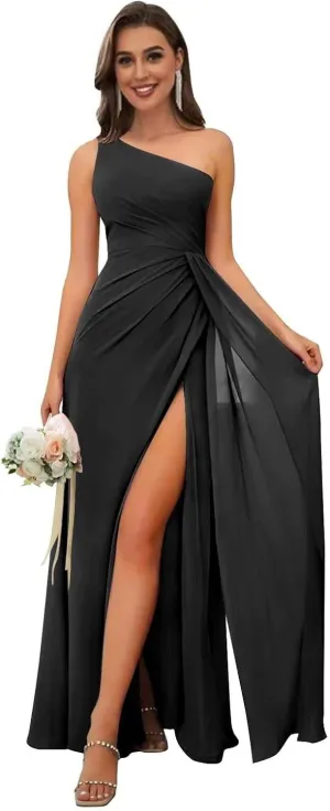 Chiffon One Shoulder Bridesmaid Dresses for Women Long Ruched A Line Formal Evening Dress Wedding Party Dresses