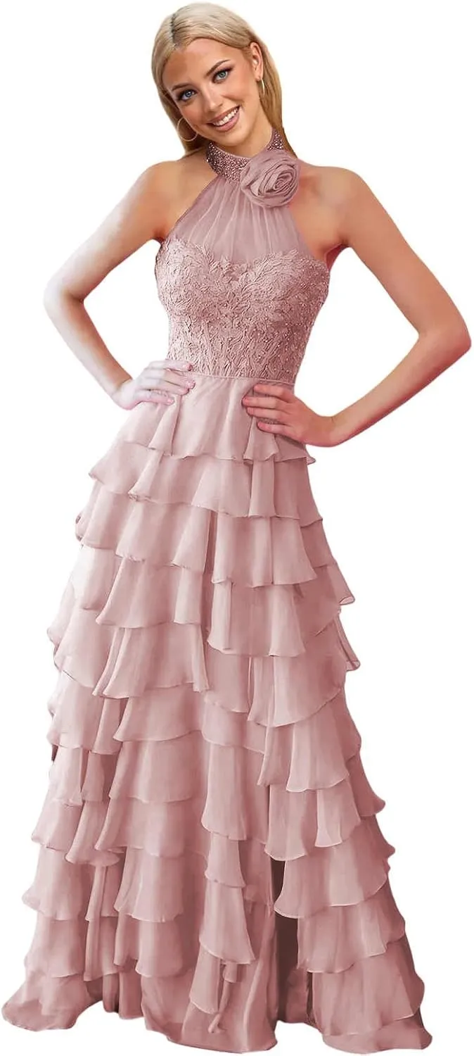 Chiffon Prom Dresses for Women Halter Formal Gowns Lace Appliques Evening Dress