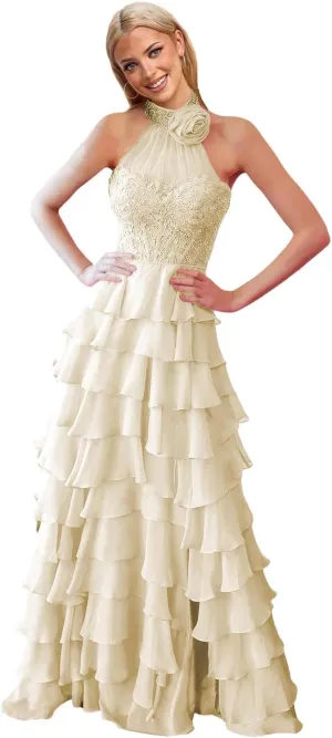 Chiffon Prom Dresses for Women Halter Formal Gowns Lace Appliques Evening Dress