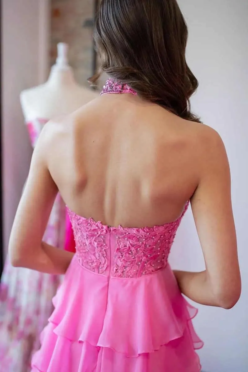 Chiffon Prom Dresses for Women Halter Formal Gowns Lace Appliques Evening Dress