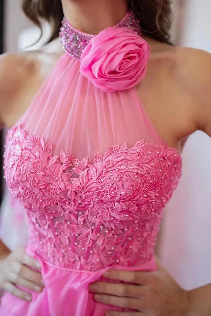 Chiffon Prom Dresses for Women Halter Formal Gowns Lace Appliques Evening Dress