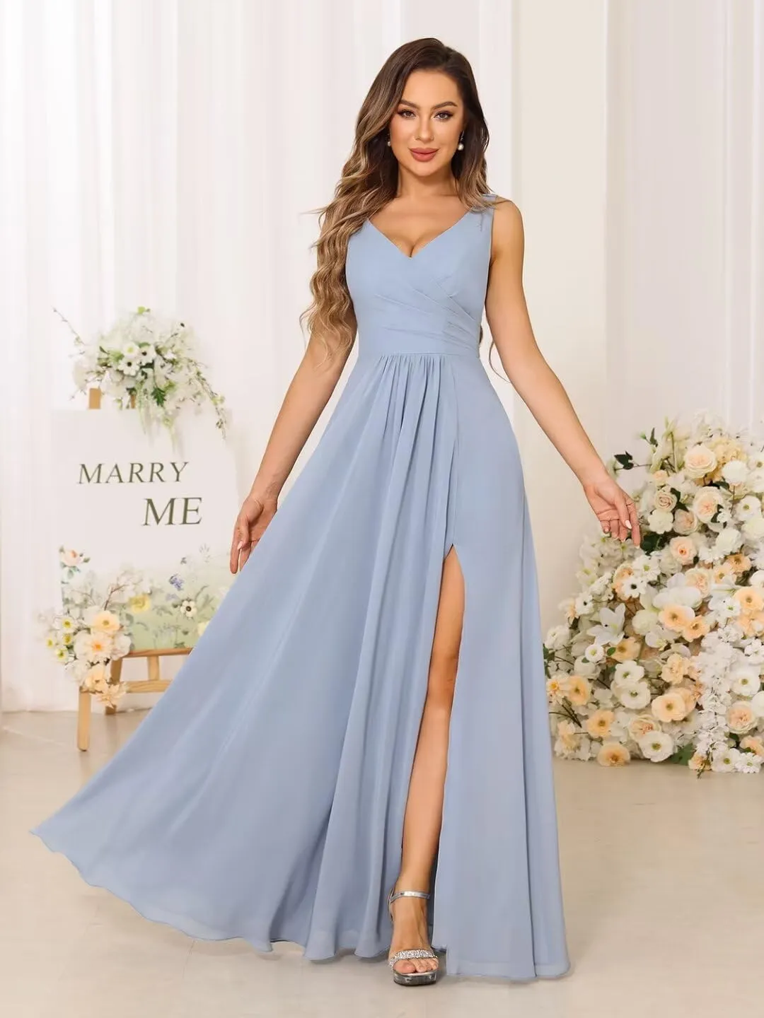Chiffon V-Neck Bridesmaid Dresses with Slit Long Pleated Formal Dress for Women WD013