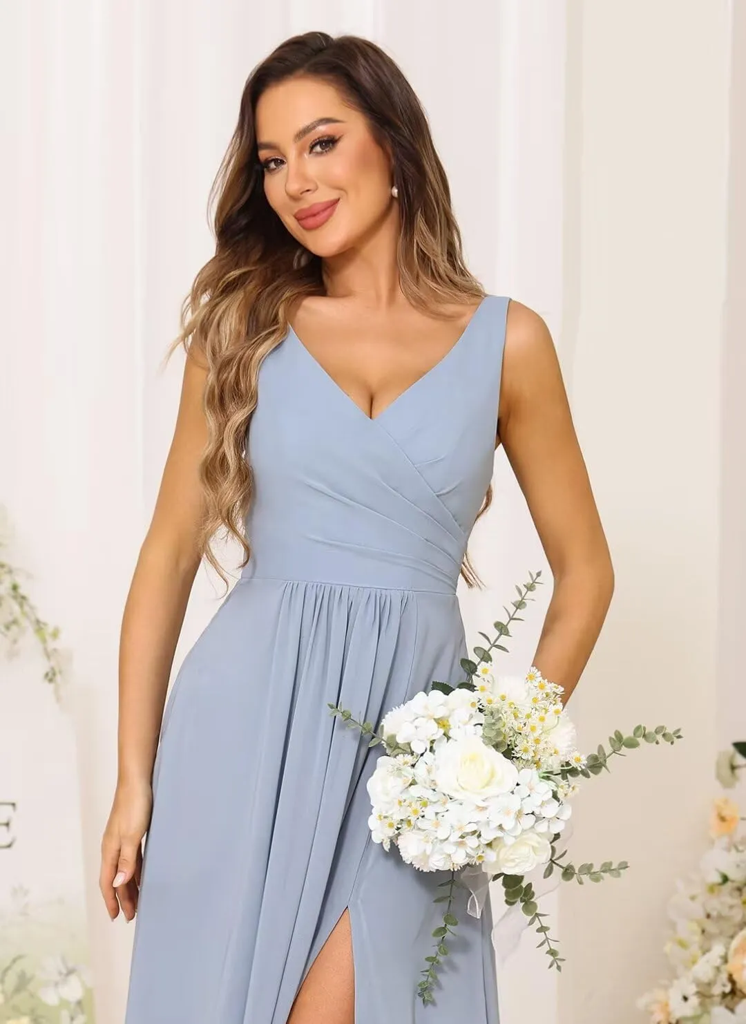 Chiffon V-Neck Bridesmaid Dresses with Slit Long Pleated Formal Dress for Women WD013