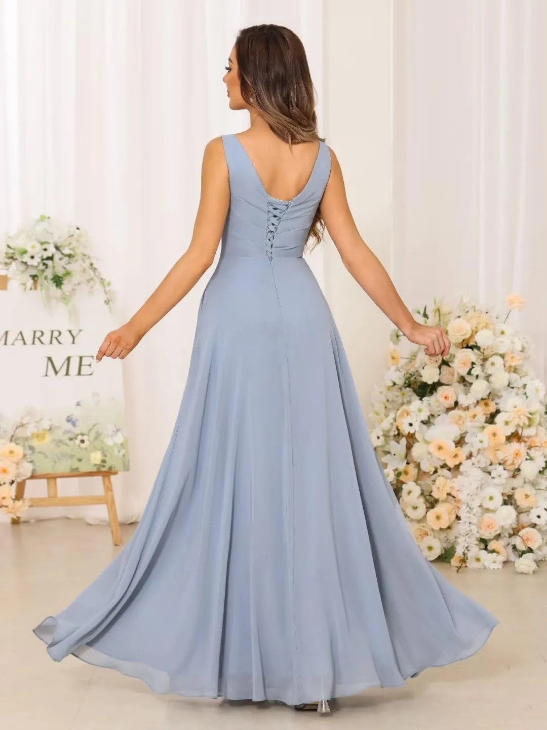 Chiffon V-Neck Bridesmaid Dresses with Slit Long Pleated Formal Dress for Women WD013