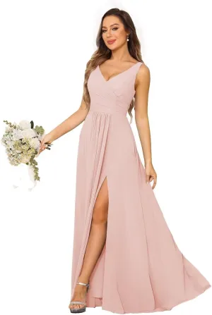 Chiffon V-Neck Bridesmaid Dresses with Slit Long Pleated Formal Dress for Women WD013