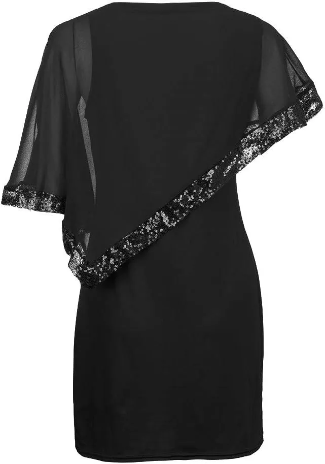 Cocktail Party Dress Women Elegant Cape Sleeve Chiffon Evening Dress Sleeveless Wedding Guest Pencil Dress Plus Size
