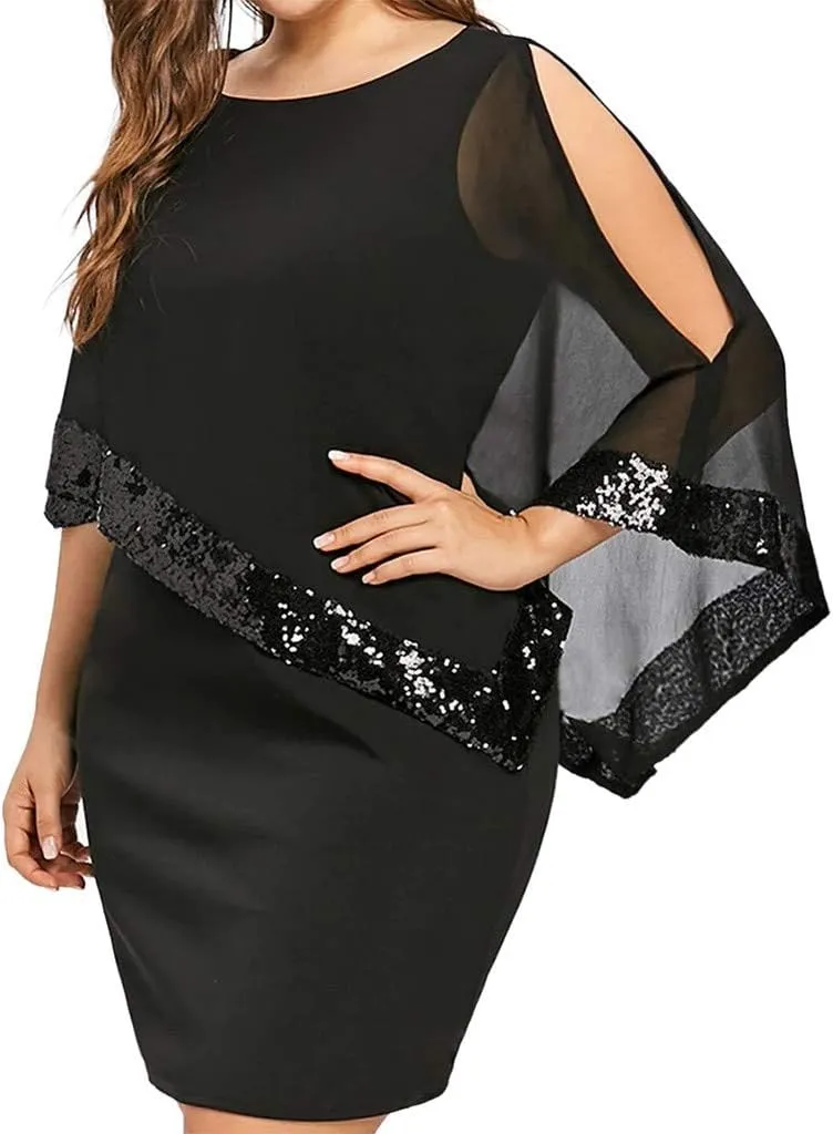Cocktail Party Dress Women Elegant Cape Sleeve Chiffon Evening Dress Sleeveless Wedding Guest Pencil Dress Plus Size