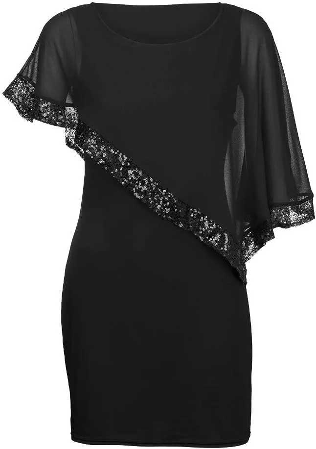Cocktail Party Dress Women Elegant Cape Sleeve Chiffon Evening Dress Sleeveless Wedding Guest Pencil Dress Plus Size