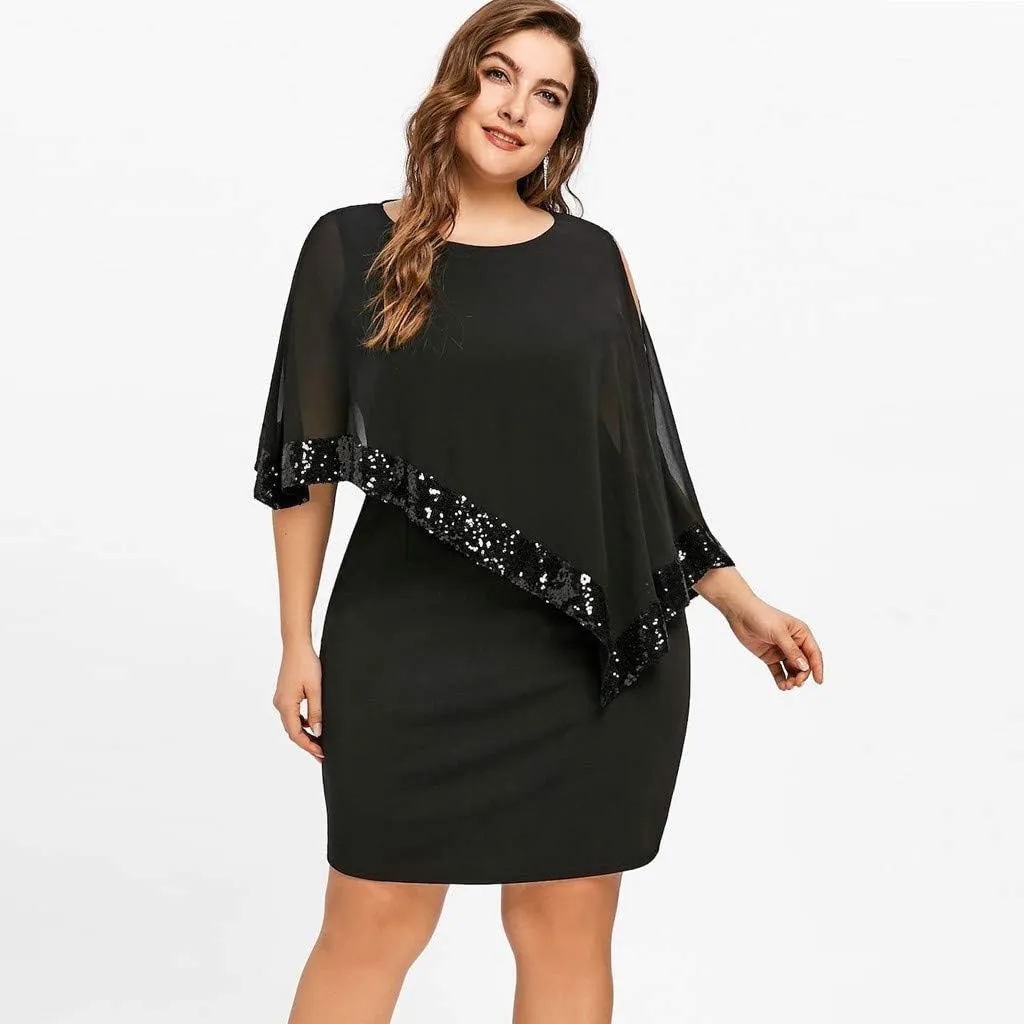 Cocktail Party Dress Women Elegant Cape Sleeve Chiffon Evening Dress Sleeveless Wedding Guest Pencil Dress Plus Size