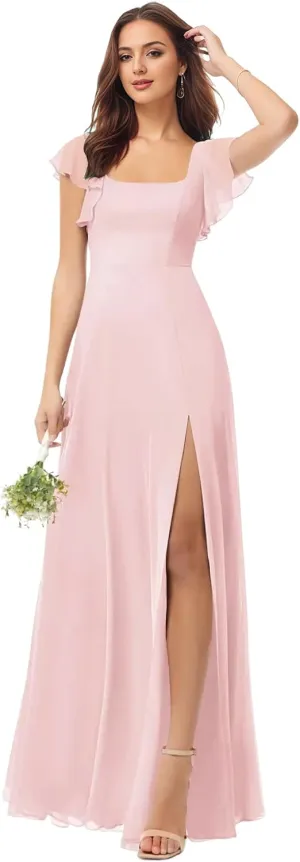 Conservative Square Neck Bridesmaid Dresses with Sleeves Ruffle Chiffon Formal Prom Dress with Slit P0138