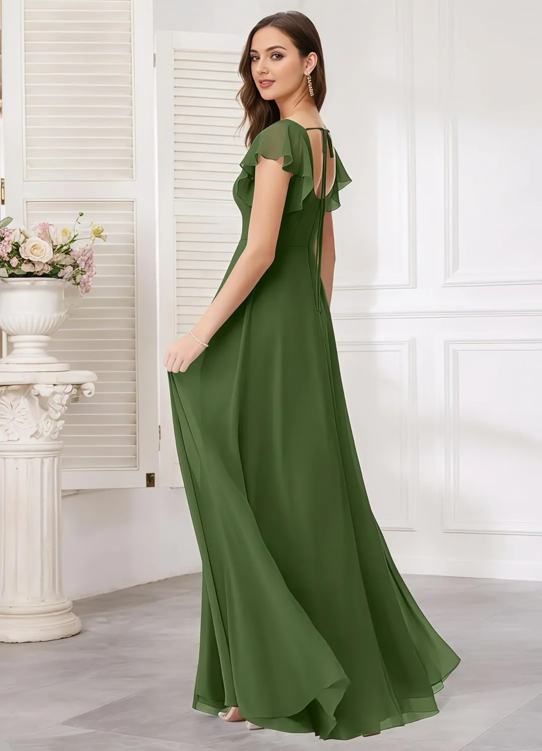 Conservative Square Neck Bridesmaid Dresses with Sleeves Ruffle Chiffon Formal Prom Dress with Slit P0138
