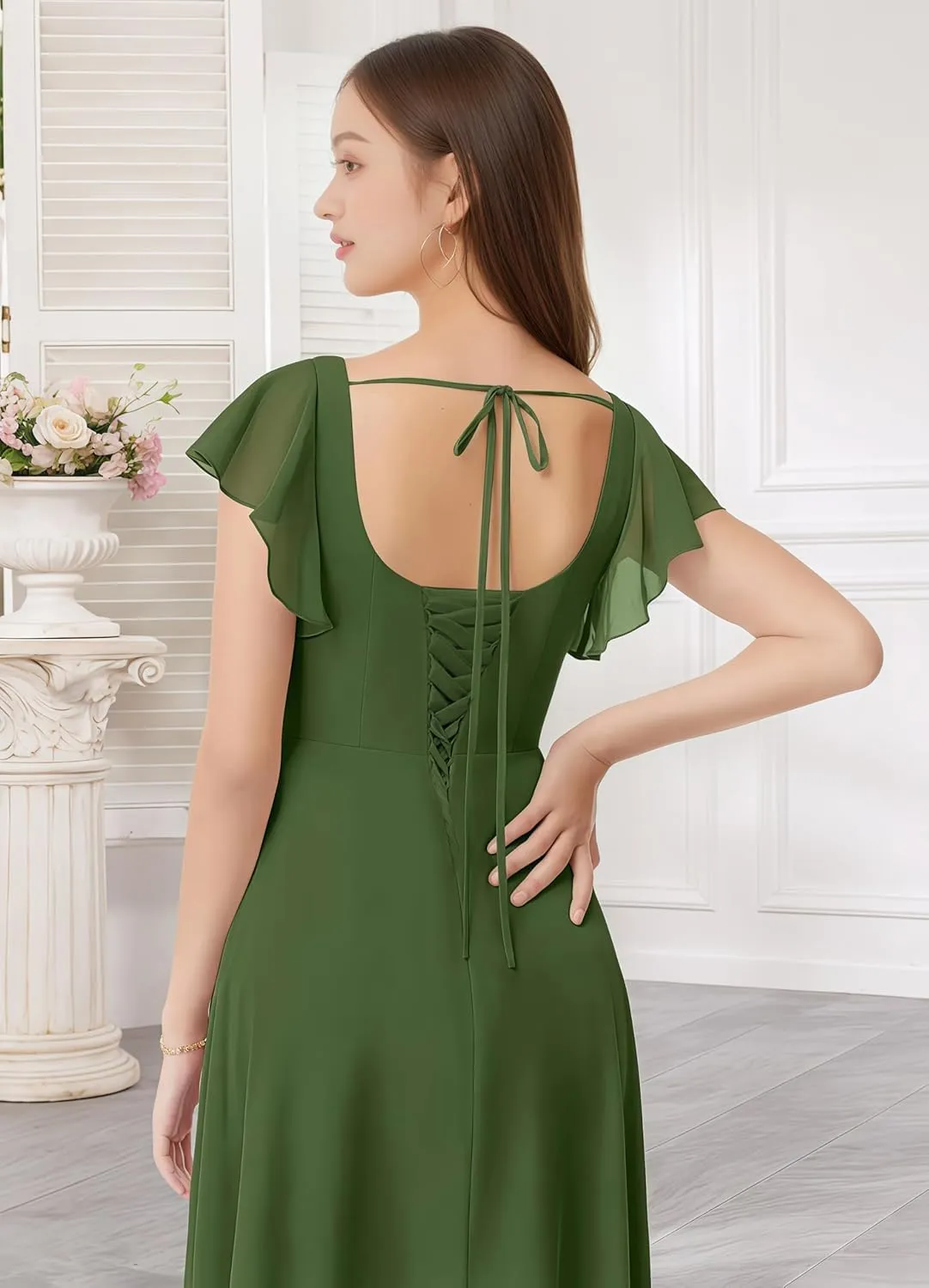 Conservative Square Neck Bridesmaid Dresses with Sleeves Ruffle Chiffon Formal Prom Dress with Slit P0138