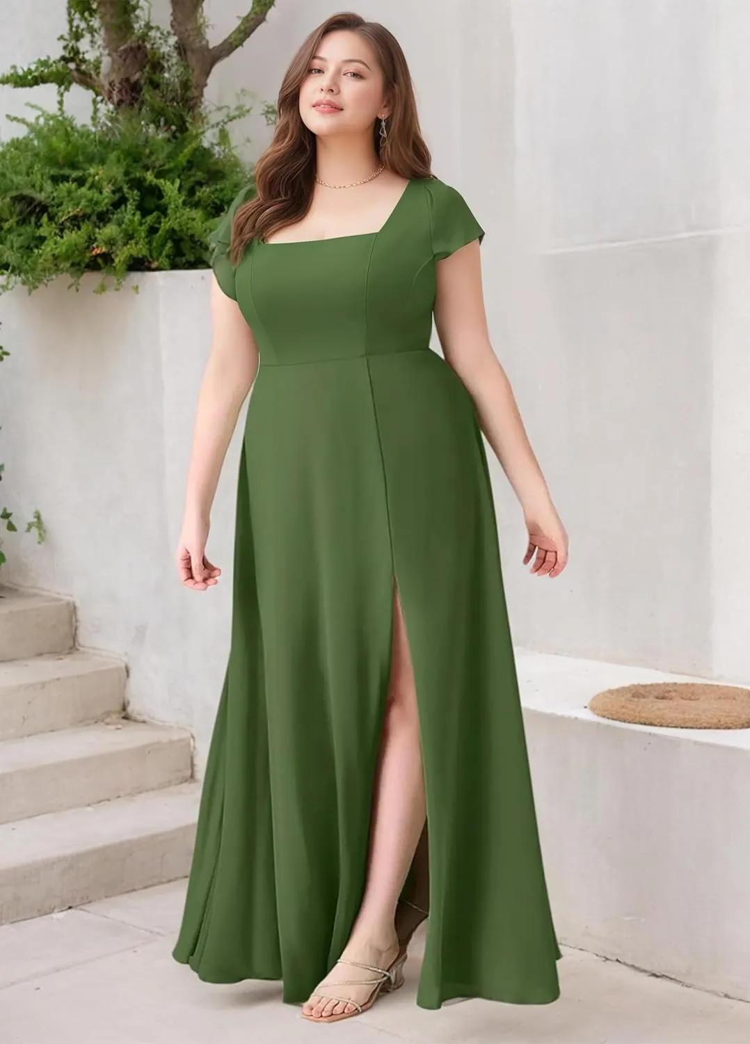 Conservative Square Neck Bridesmaid Dresses with Sleeves Ruffle Chiffon Formal Prom Dress with Slit P0138