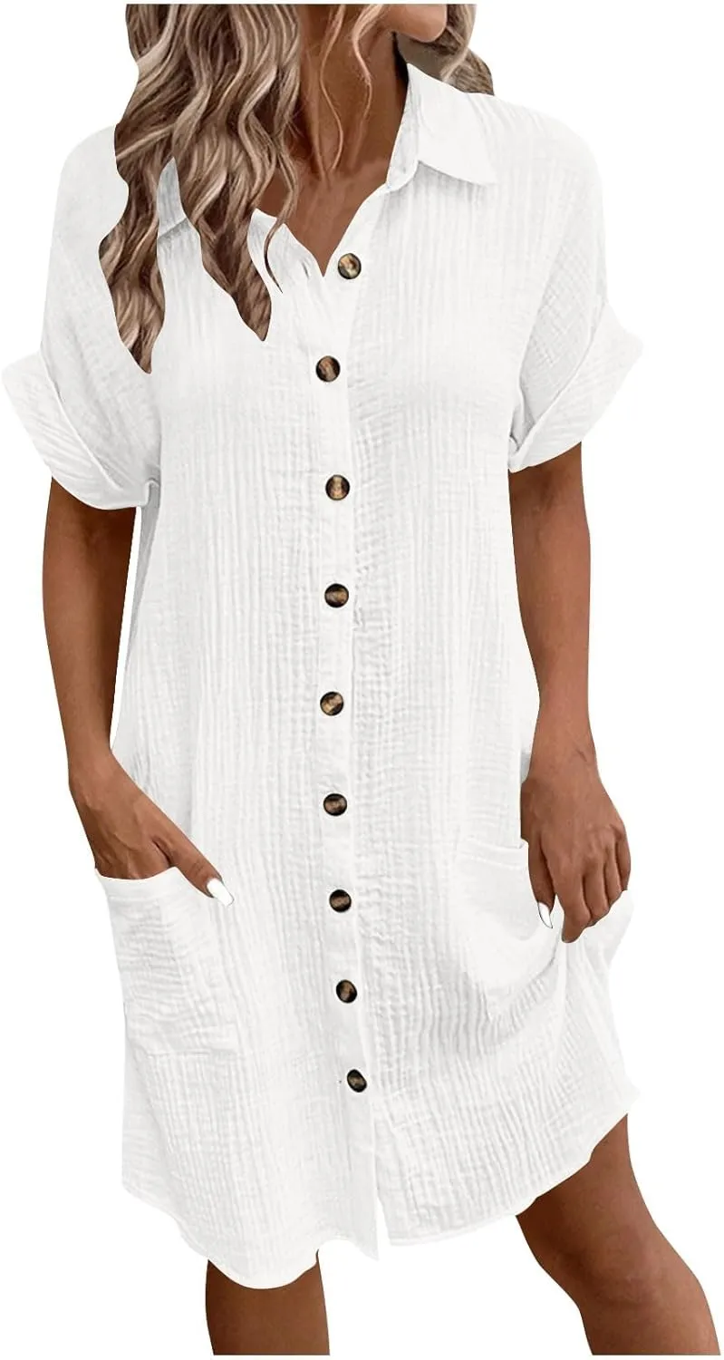 Cotton Midi Shirt Dress for Women Trendy Button Short Sleeve Dresses Solid Lapel Casual Dress Summer Travel Clothes