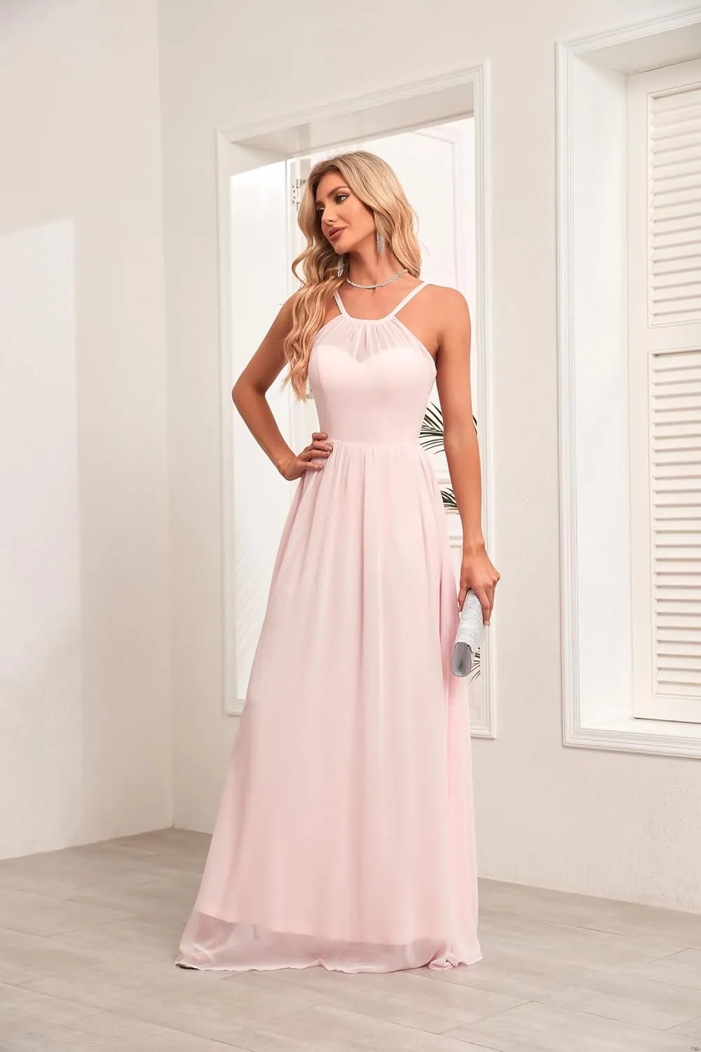 Crew Neck A-line Bridesmaid Dresses Long Prom Dress Chiffon Formal Evening Gowns for Women B030
