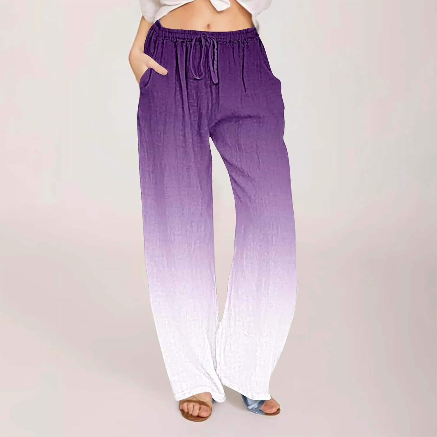 DASAYO Linen Pants for Women Summer Drawstringg Elastic Waist Gradient Palazzo with Pockets Ladies Casual Wide Leg Trousers