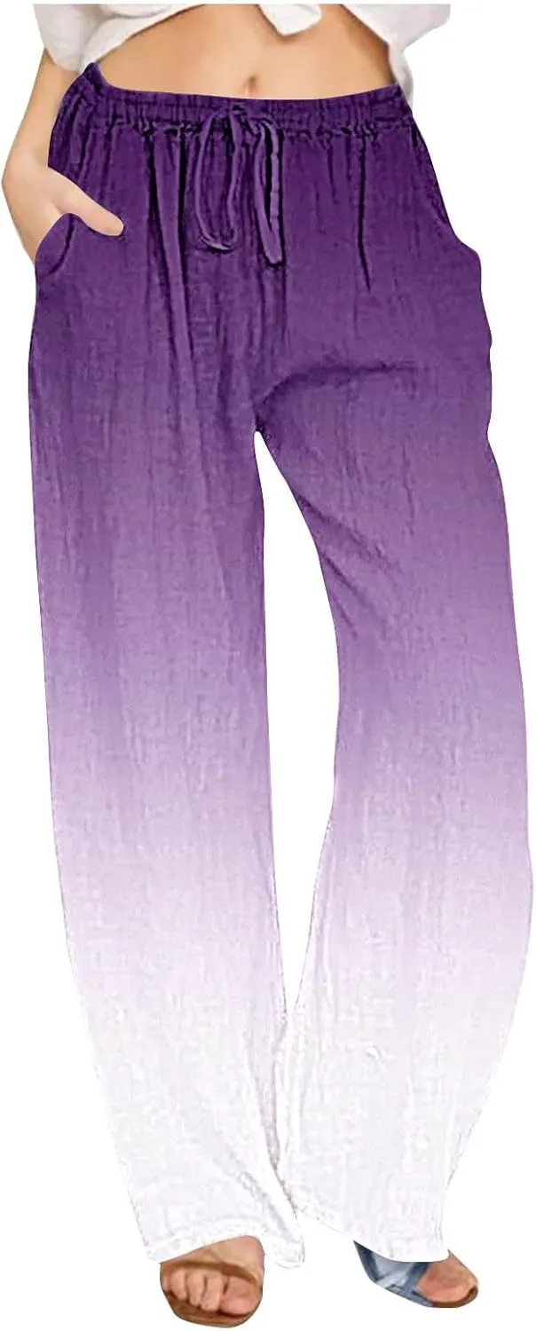 DASAYO Linen Pants for Women Summer Drawstringg Elastic Waist Gradient Palazzo with Pockets Ladies Casual Wide Leg Trousers