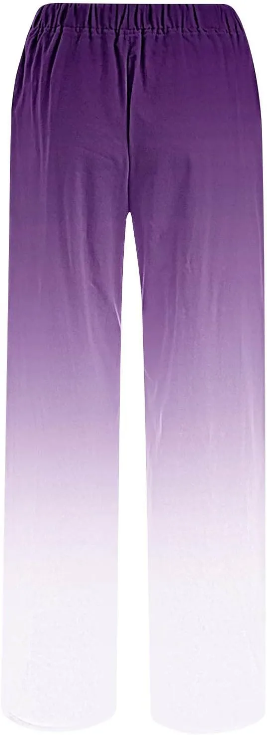 DASAYO Linen Pants for Women Summer Drawstringg Elastic Waist Gradient Palazzo with Pockets Ladies Casual Wide Leg Trousers