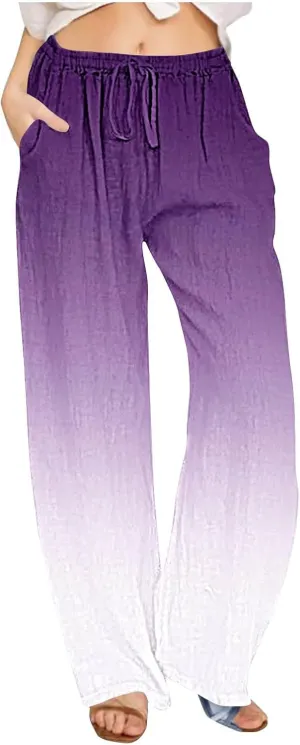 DASAYO Linen Pants for Women Summer Drawstringg Elastic Waist Gradient Palazzo with Pockets Ladies Casual Wide Leg Trousers