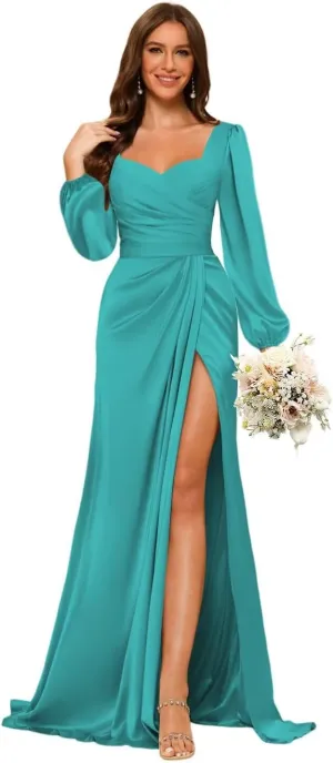 Dessiny Lantern Sleeves Satin Bridesmaid Dresses for Women with Slit V Neck Pleated Maxi Formal Dress DE214
