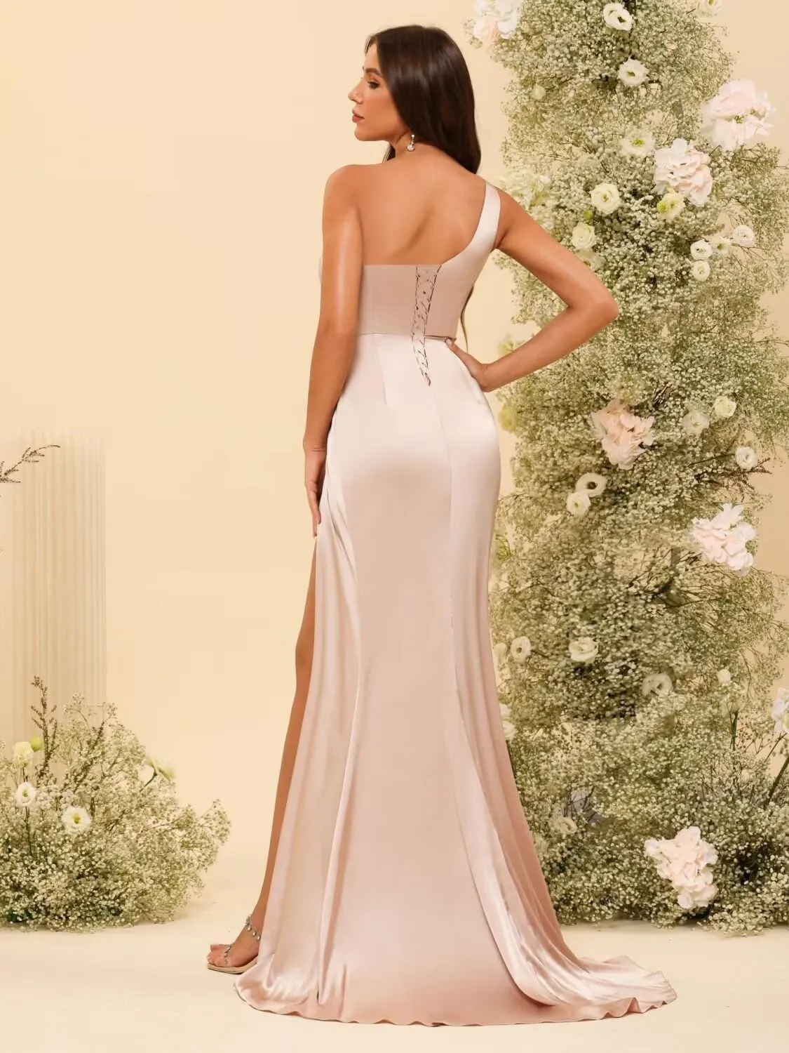 Dessiny One Shoulder Satin Bridesmaid Dresses for Women Long Pleated Maxi Formal Evening Dress with Slit DE306