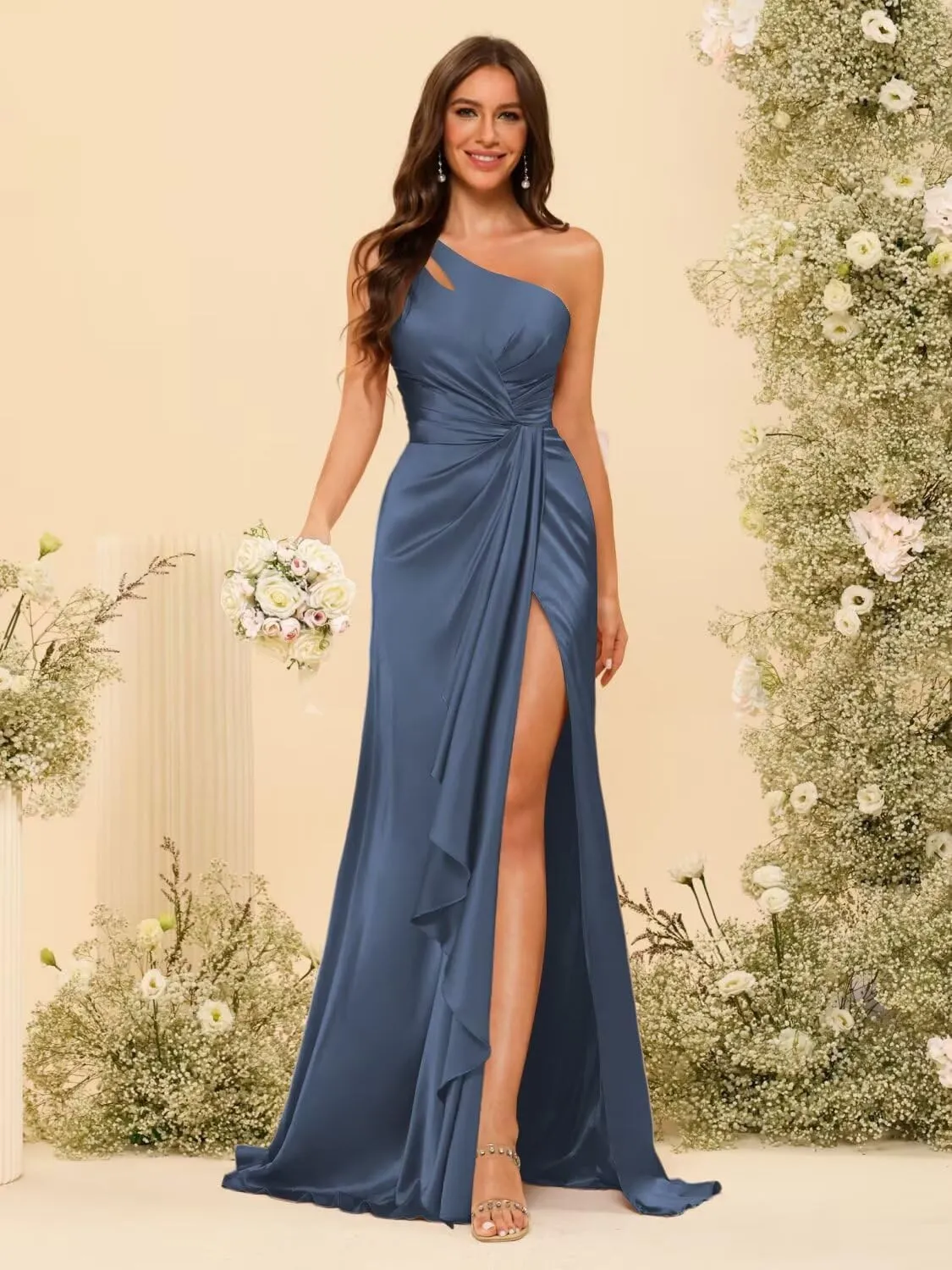 Dessiny One Shoulder Satin Bridesmaid Dresses for Women Long Pleated Maxi Formal Evening Dress with Slit DE306