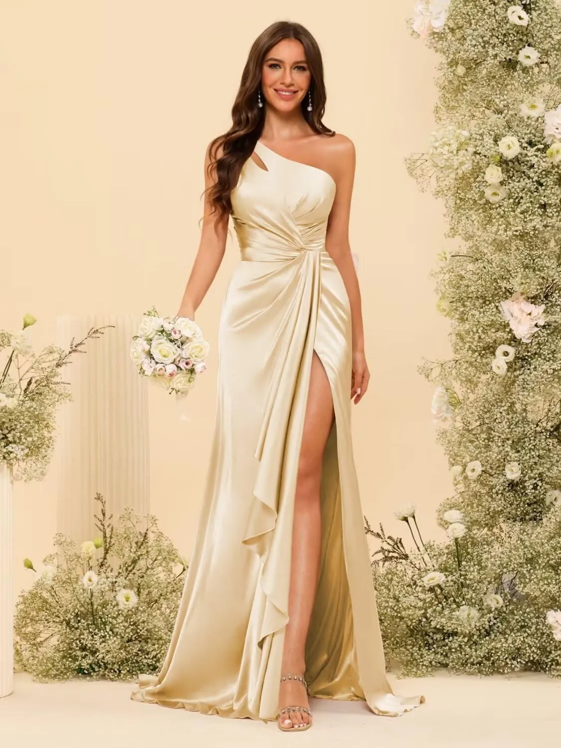 Dessiny One Shoulder Satin Bridesmaid Dresses for Women Long Pleated Maxi Formal Evening Dress with Slit DE306