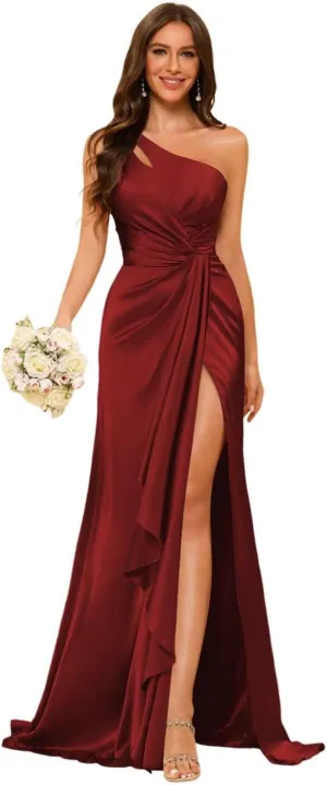 Dessiny One Shoulder Satin Bridesmaid Dresses for Women Long Pleated Maxi Formal Evening Dress with Slit DE306