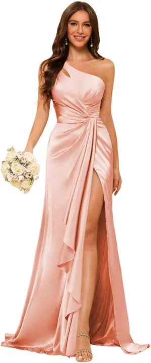 Dessiny One Shoulder Satin Bridesmaid Dresses for Women Long Pleated Maxi Formal Evening Dress with Slit DE306