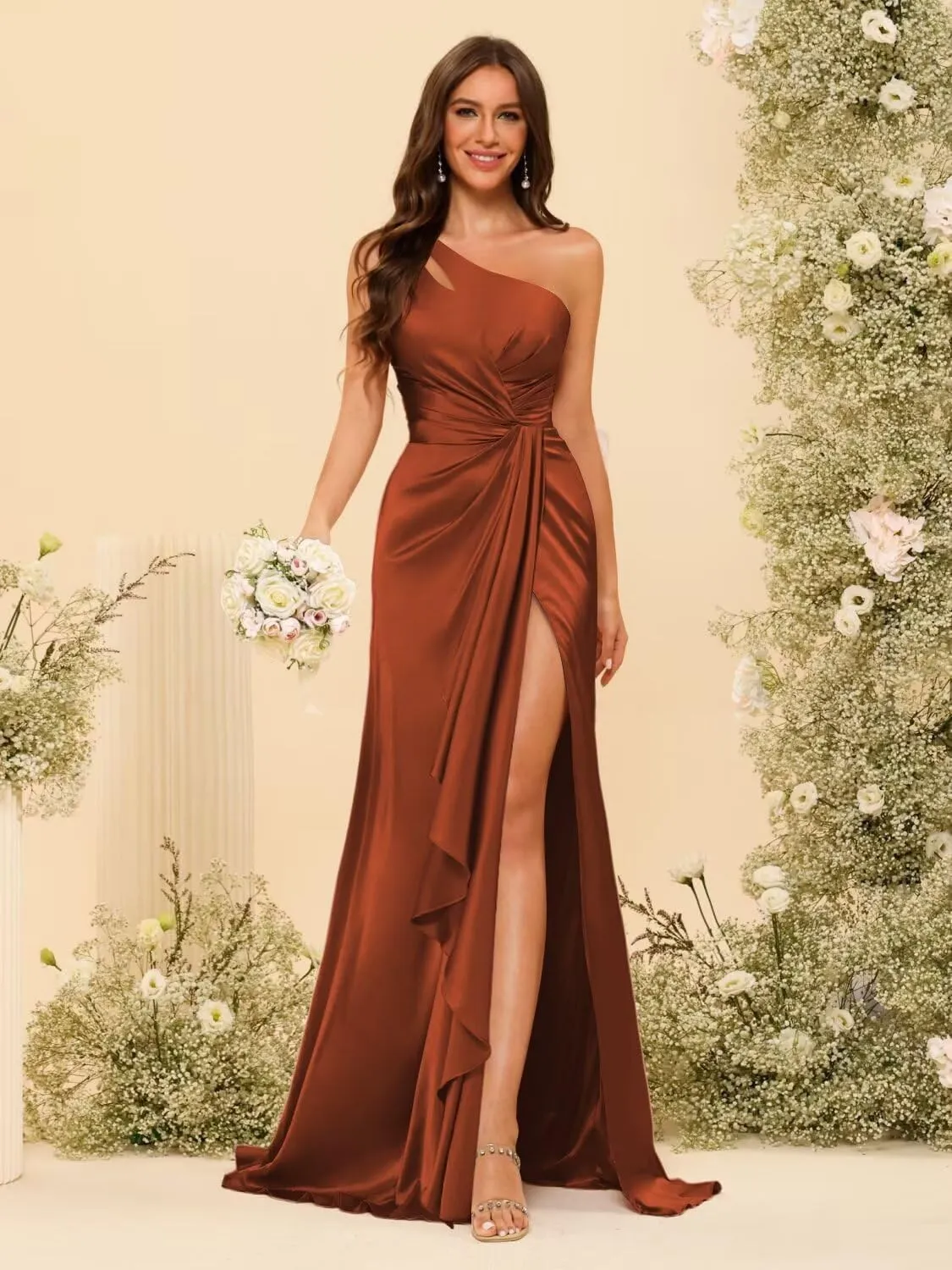 Dessiny One Shoulder Satin Bridesmaid Dresses for Women Long Pleated Maxi Formal Evening Dress with Slit DE306