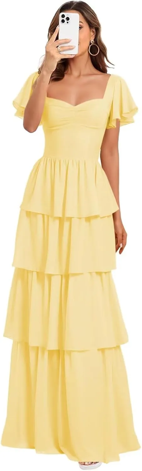 Dessiny Short Sleeve Tiered Ruffles Bridesmaid Dresses 2025 for Women Chiffon Formal Evening Dresses with Ruffles DE442