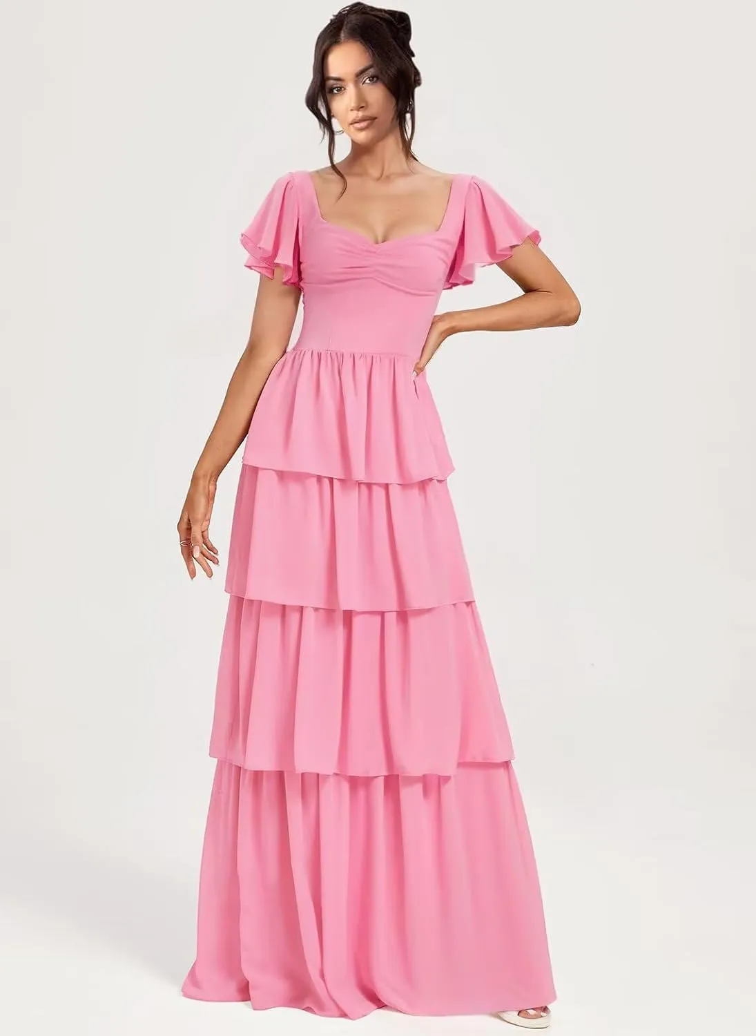 Dessiny Short Sleeve Tiered Ruffles Bridesmaid Dresses 2025 for Women Chiffon Formal Evening Dresses with Ruffles DE442