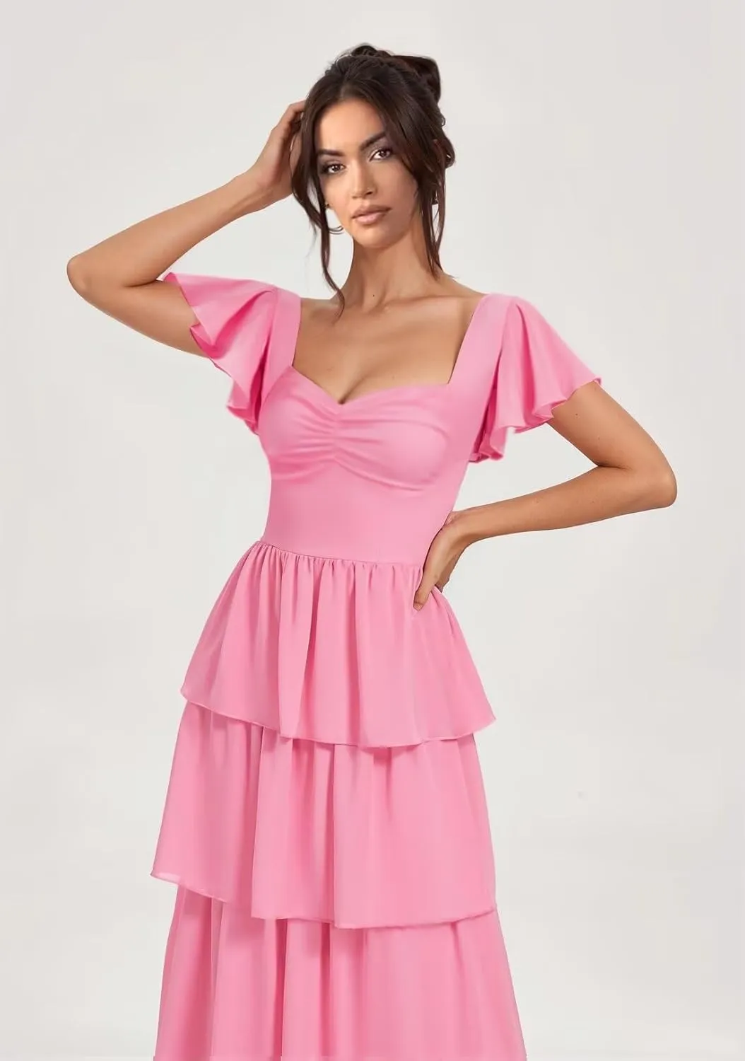 Dessiny Short Sleeve Tiered Ruffles Bridesmaid Dresses 2025 for Women Chiffon Formal Evening Dresses with Ruffles DE442