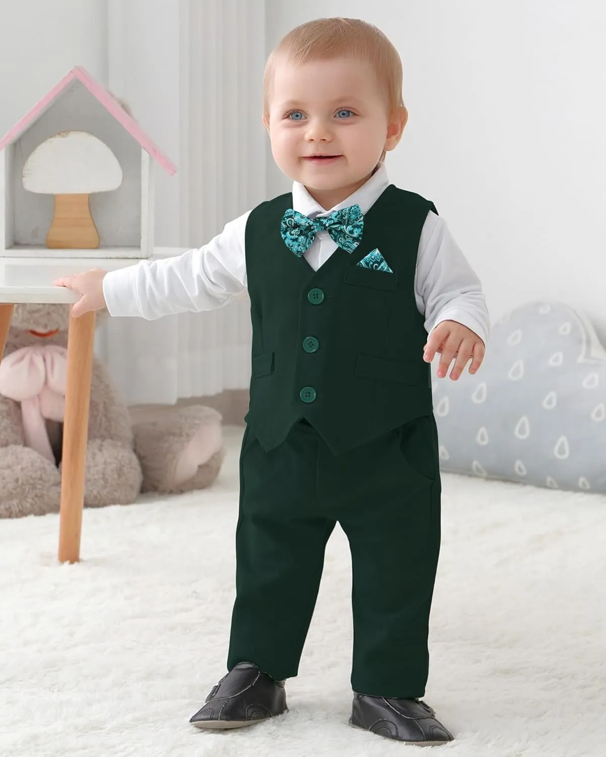 DISAUR Baby Boy Clothes Toddler Boy Outfits 4PCS Gentleman Dress Romper/Vest/Pants/Bow Tie Cotton Suit Sets