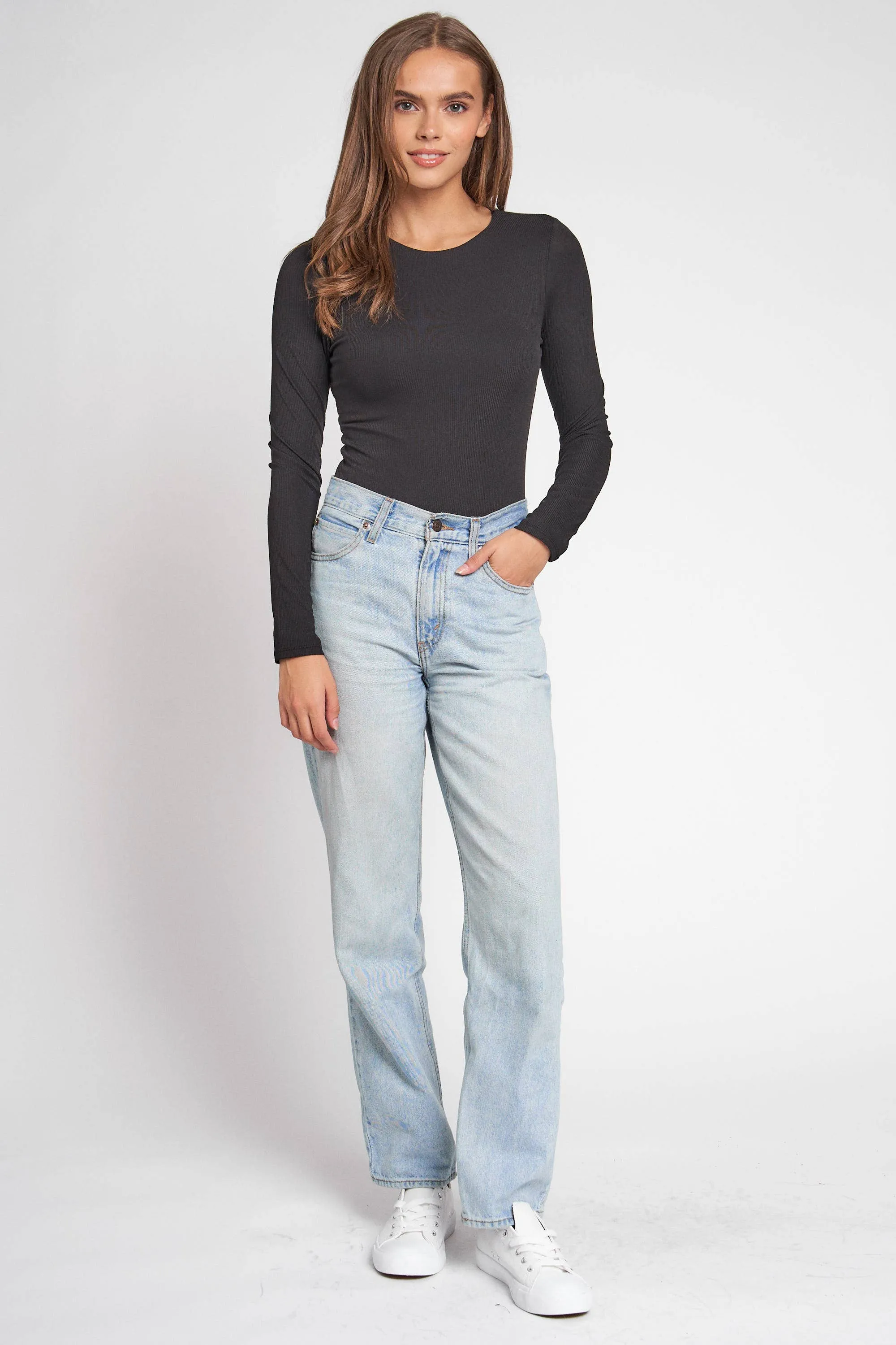 DOUBLE LAYERED LONG SLEEVE CREW NECK BODYSUIT: L / WHITE