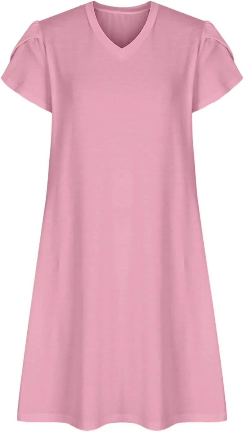 Dresses for Women 2025 Boho Vacation Beach Dress V Neck A Line Dress Loose Flowy Petal Sleeve Midi Dress with Pockets