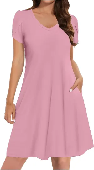 Dresses for Women 2025 Boho Vacation Beach Dress V Neck A Line Dress Loose Flowy Petal Sleeve Midi Dress with Pockets